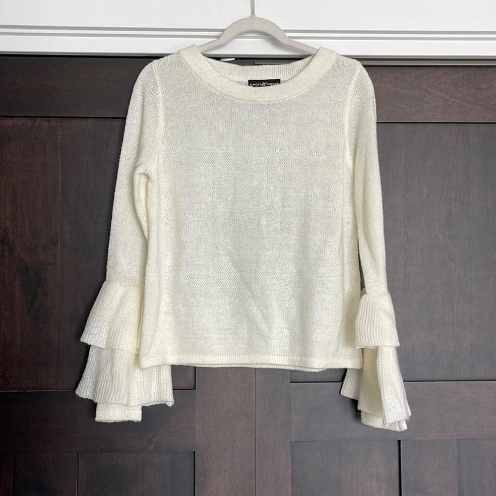 Almost Famous Tiered Ruffle Sleeve Drop Shoulder Sweater Cream Size Small
